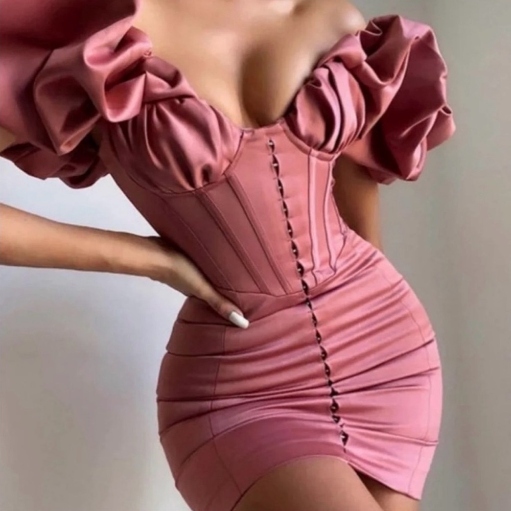 House of CB Blush Pink Puff Sleeve Mini Dress Size L